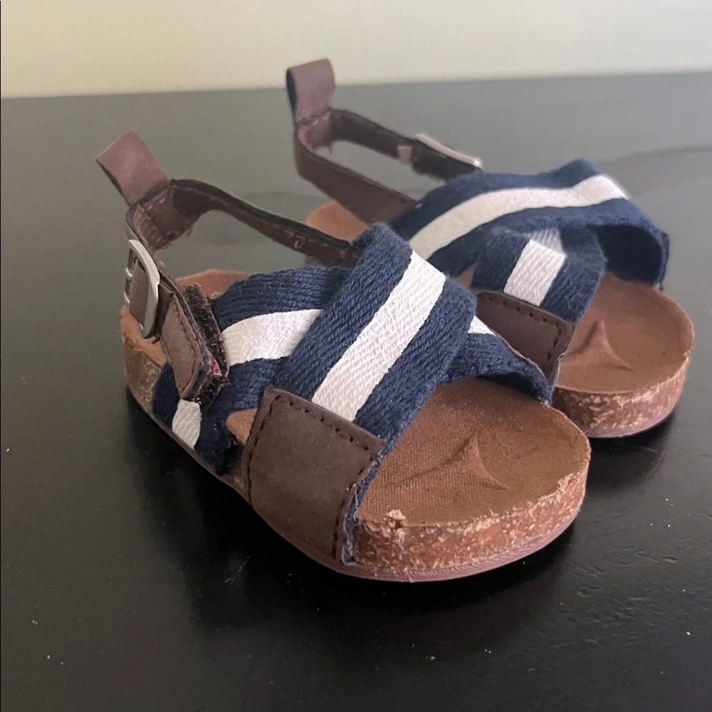 Baby B’gosh Navy and White Striped Infant Sandals with Brown Accents